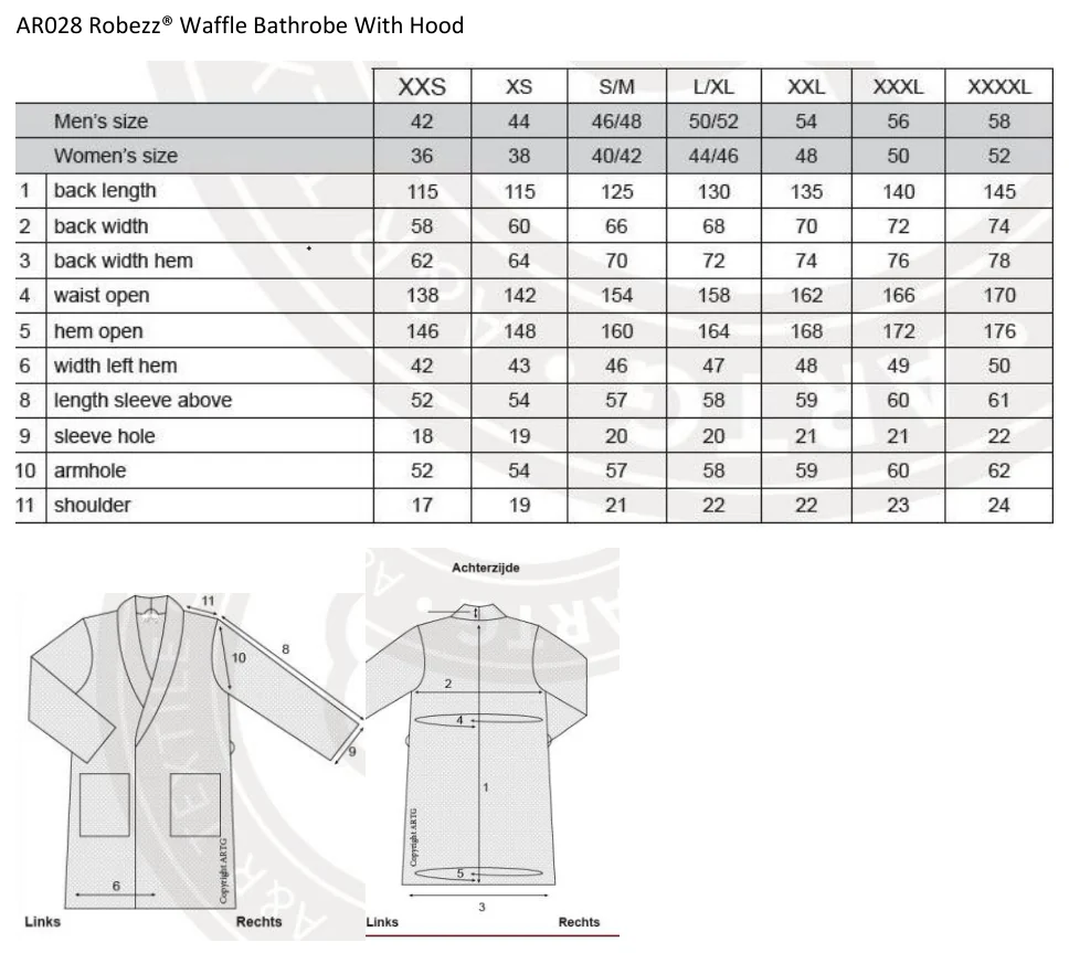Maßblatt des Herstellers zu Robezz® Waffle Bathrobe With Hood mit den Maßen je Größe