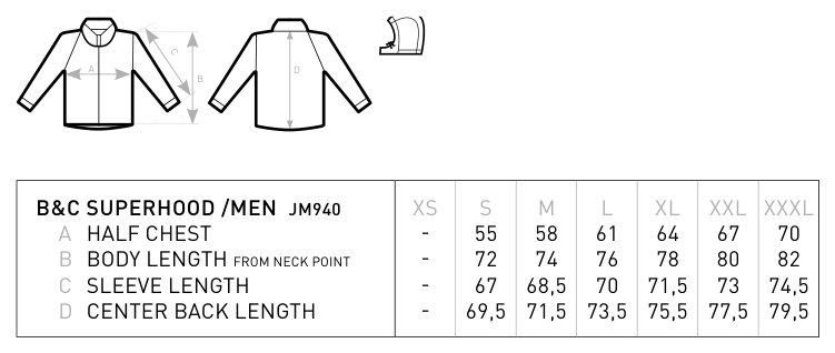 Maßblatt des Herstellers zu Men´s Jacket Superhood mit den Maßen je Größe