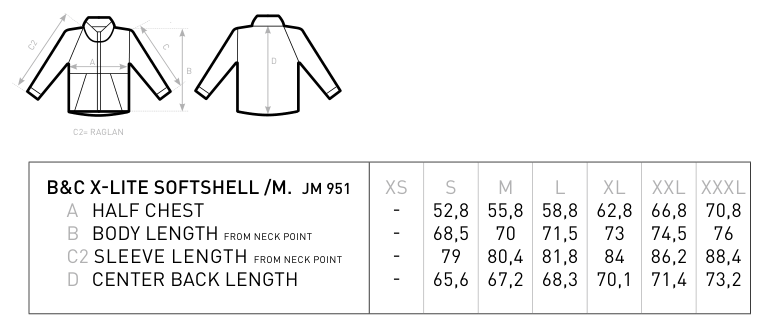Maßblatt des Herstellers zu Men´s X-Lite Softshell mit den Maßen je Größe