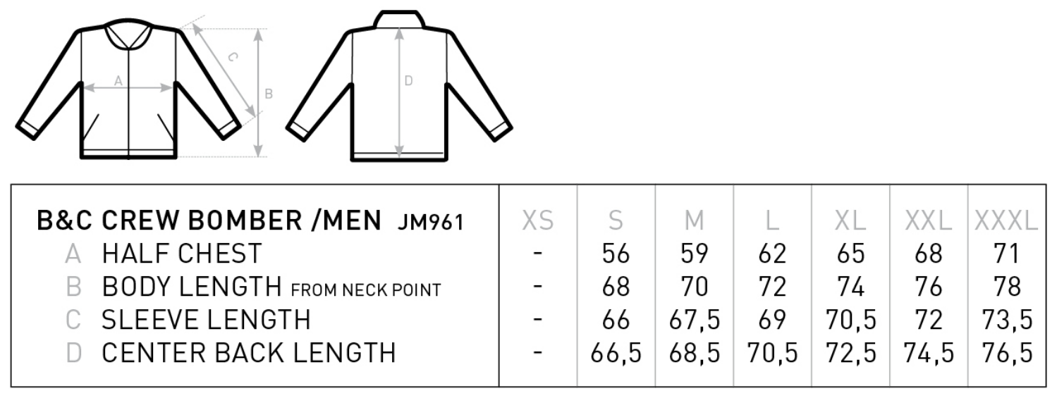Maßblatt des Herstellers zu Men´s Jacket Crew Bomber mit den Maßen je Größe