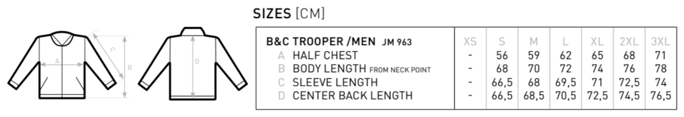 Maßblatt des Herstellers zu Men´s Jacket Trooper mit den Maßen je Größe