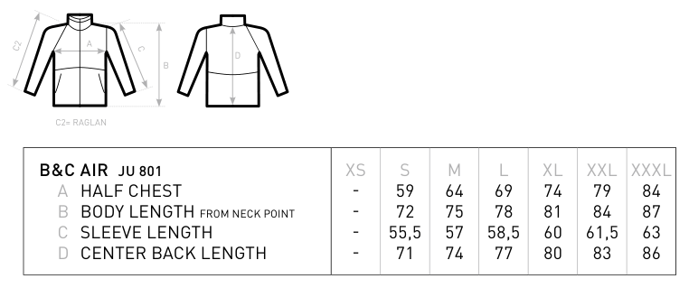 Maßblatt des Herstellers zu Unisex Jacket Air mit den Maßen je Größe