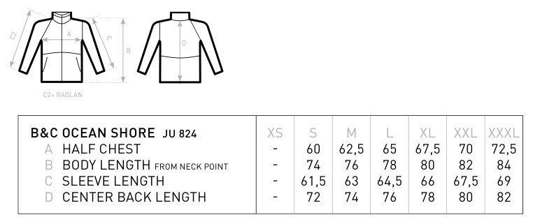 Maßblatt des Herstellers zu Jacket Ocean Shore mit den Maßen je Größe