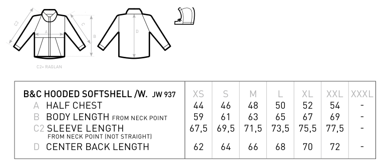 Maßblatt des Herstellers zu Women´s Hooded Softshell mit den Maßen je Größe