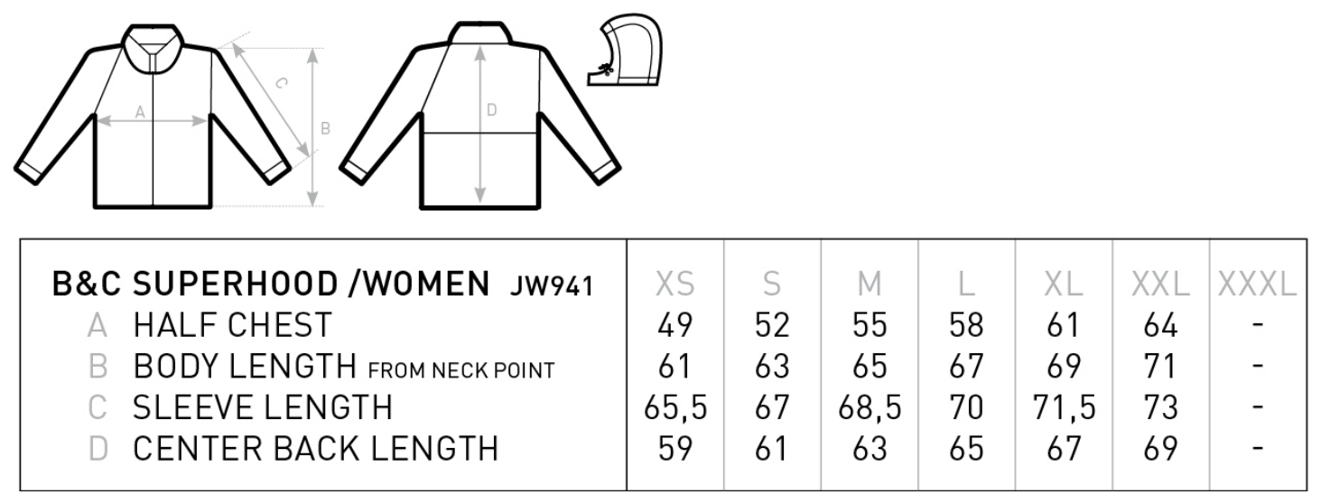 Maßblatt des Herstellers zu Women´s Jacket Superhood mit den Maßen je Größe