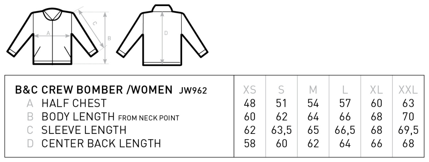 Maßblatt des Herstellers zu Women´s Jacket Crew Bomber mit den Maßen je Größe
