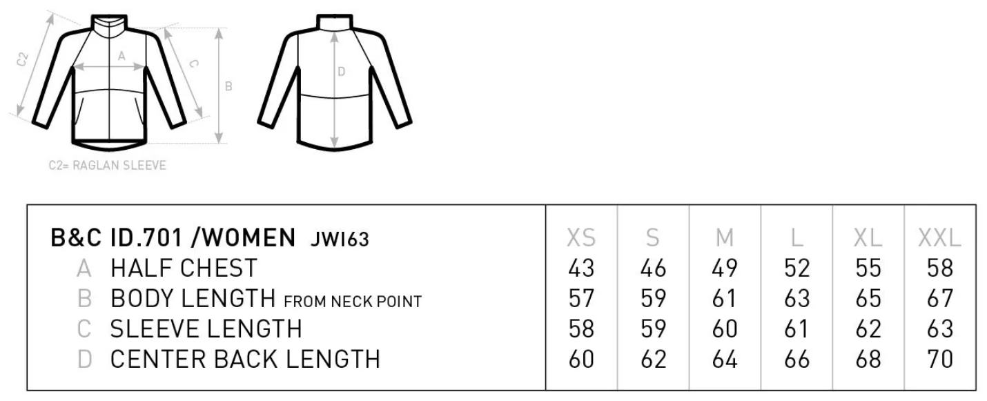 Maßblatt des Herstellers zu Women´s Jacket Softshell ID.701 mit den Maßen je Größe