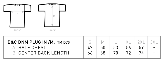 Maßblatt des Herstellers zu Men´s T-Shirt DNM Plug In mit den Maßen je Größe