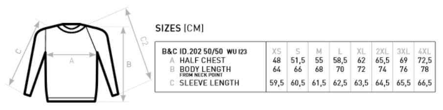 Maßblatt des Herstellers zu ID.202 50/50 Sweatshirt mit den Maßen je Größe
