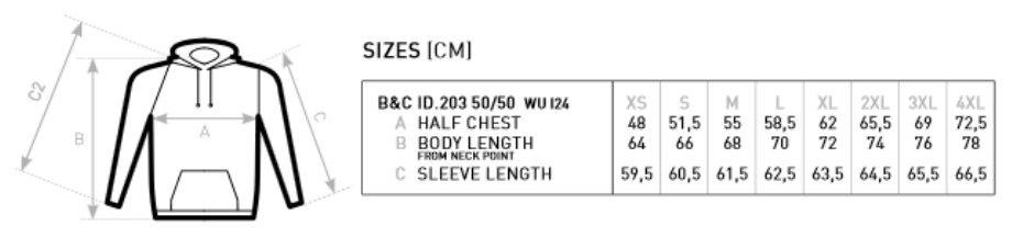 Maßblatt des Herstellers zu ID.203 50/50 Hooded Sweatshirt mit den Maßen je Größe