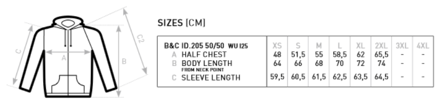 Maßblatt des Herstellers zu ID.205 Sweat-Jacket 50/50 mit den Maßen je Größe