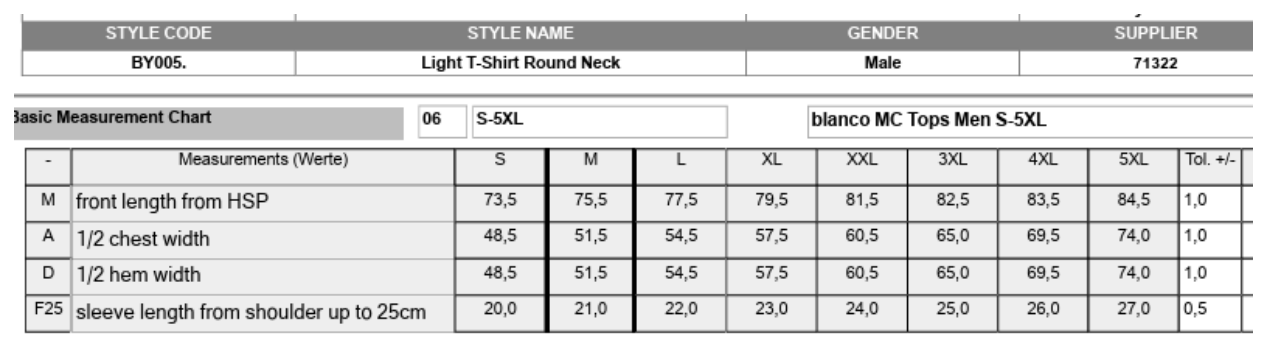 Maßblatt des Herstellers zu Light T-Shirt Round Neck mit den Maßen je Größe