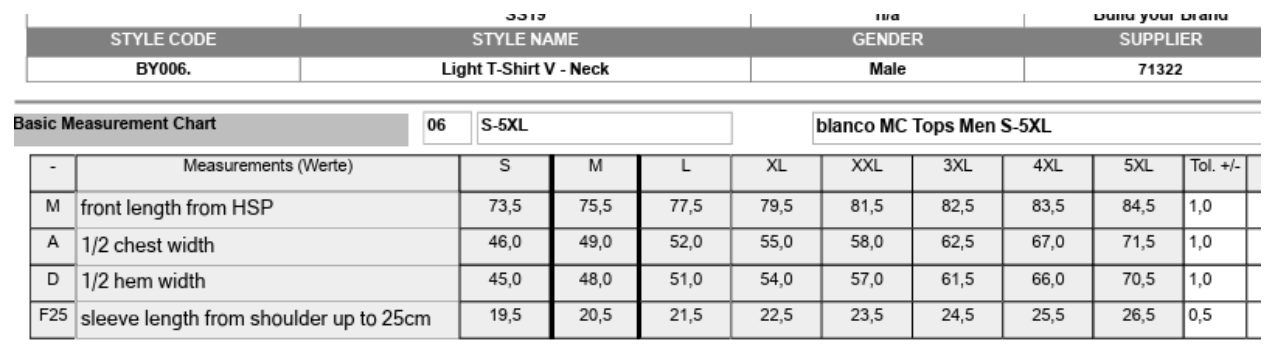 Maßblatt des Herstellers zu Light T-Shirt V-Neck mit den Maßen je Größe