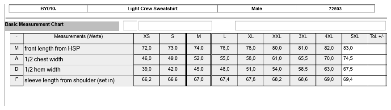 Maßblatt des Herstellers zu Light Crew Sweatshirt mit den Maßen je Größe