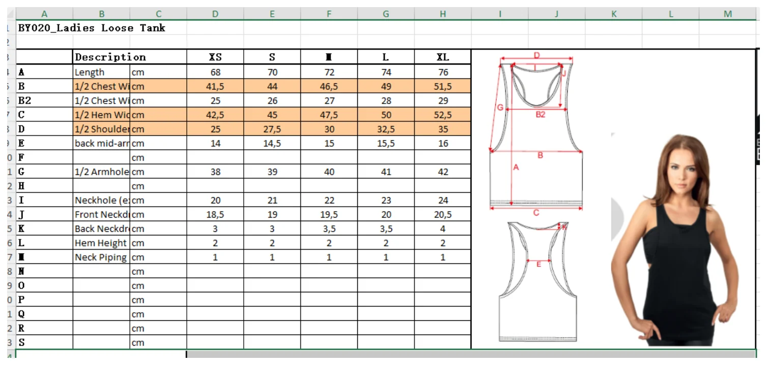 Maßblatt des Herstellers zu Ladies´ Loose Tank mit den Maßen je Größe