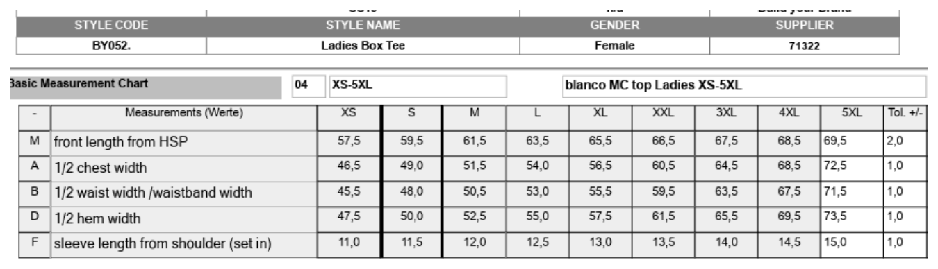 Maßblatt des Herstellers zu Ladies´ Box Tee mit den Maßen je Größe
