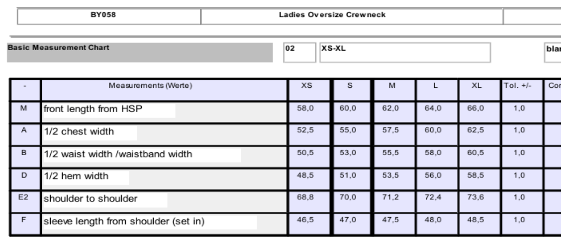 Maßblatt des Herstellers zu Ladies´ Oversize Crewneck mit den Maßen je Größe