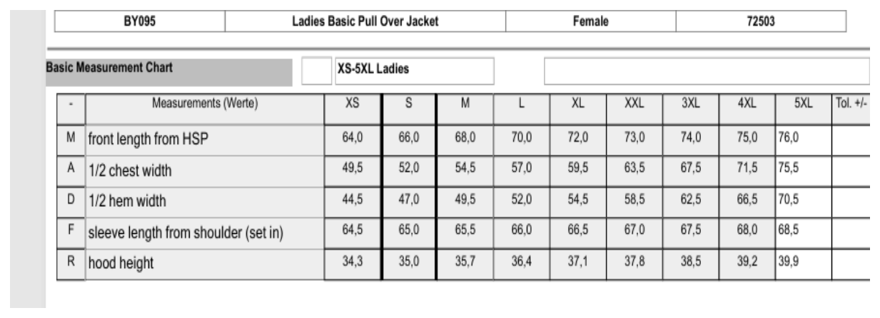 Maßblatt des Herstellers zu Ladies´ Basic Pull Over Jacket mit den Maßen je Größe