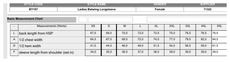 Maßblatt des Herstellers zu Ladies Batwing Longsleeve mit den Maßen je Größe
