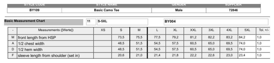 Maßblatt des Herstellers zu Camo Round Neck Tee mit den Maßen je Größe