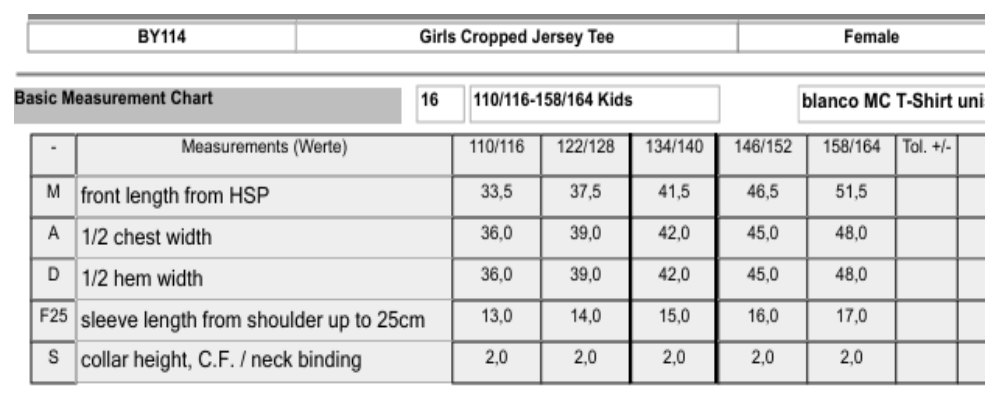 Maßblatt des Herstellers zu Girls Cropped Jersey Tee mit den Maßen je Größe