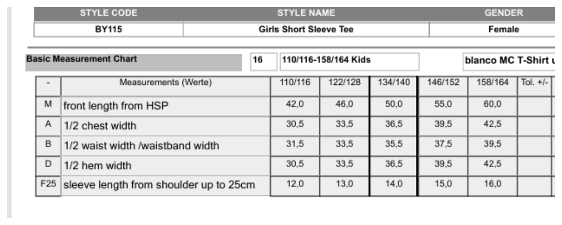 Maßblatt des Herstellers zu Girls Short Sleeve Tee mit den Maßen je Größe
