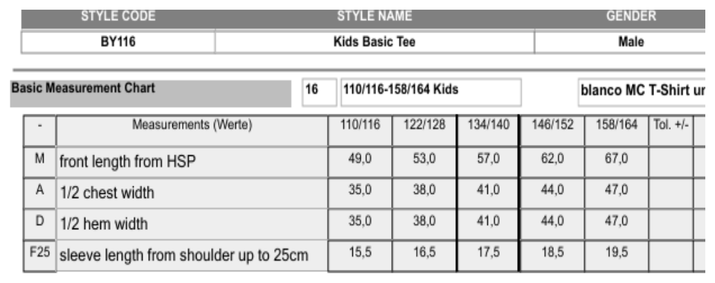 Maßblatt des Herstellers zu Kids´ Basic Tee mit den Maßen je Größe