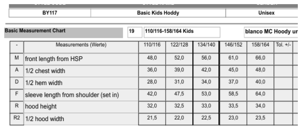 Maßblatt des Herstellers zu Kids´ Basic Hoody mit den Maßen je Größe