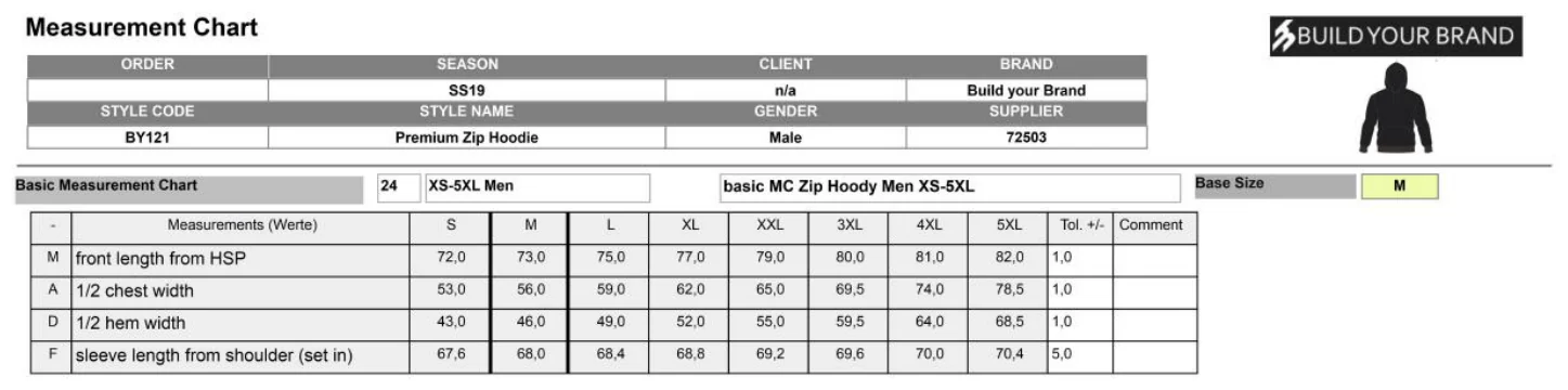 Maßblatt des Herstellers zu Premium Zip Hoodie mit den Maßen je Größe