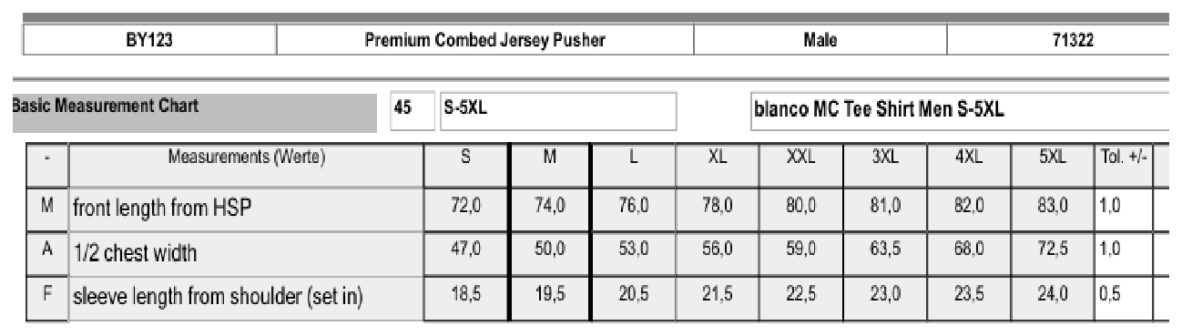 Maßblatt des Herstellers zu Premium Combed Jersey T-Shirt mit den Maßen je Größe