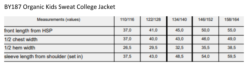 Maßblatt des Herstellers zu Kids´ Organic Sweat College Jacket mit den Maßen je Größe