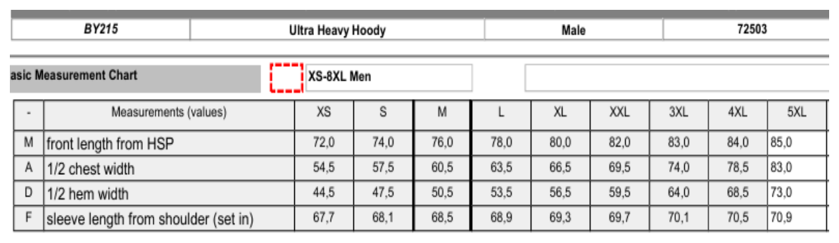 Maßblatt des Herstellers zu Ultra Heavy Regular Hoody mit den Maßen je Größe
