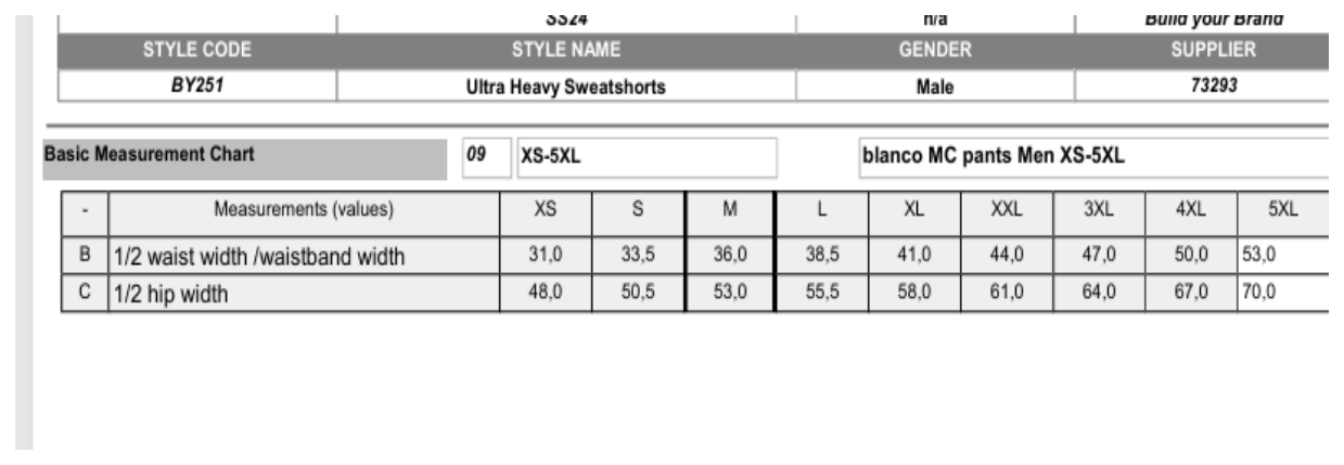 Maßblatt des Herstellers zu Ultra Heavy Sweatshorts mit den Maßen je Größe