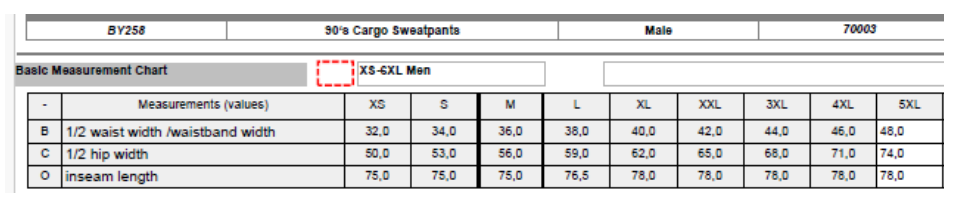 Maßblatt des Herstellers zu 90's Cargo Sweatpants mit den Maßen je Größe