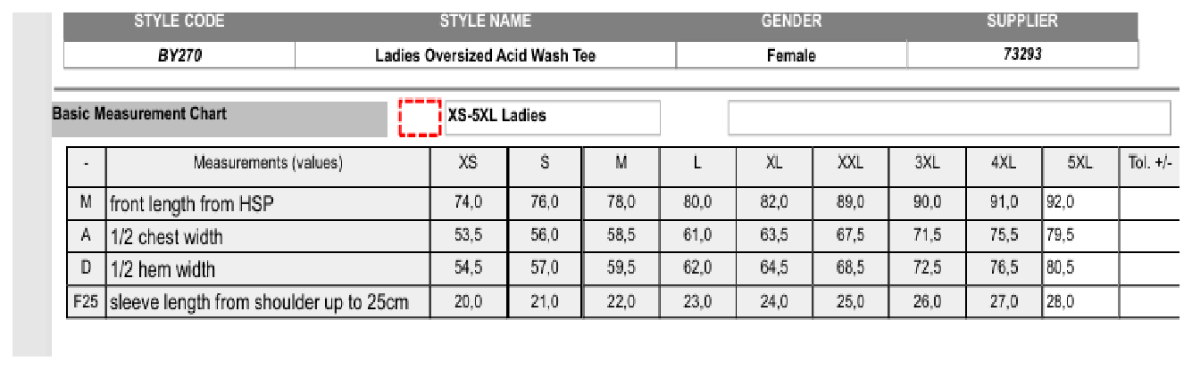 Maßblatt des Herstellers zu Ladies Oversized Acid Wash Tee mit den Maßen je Größe