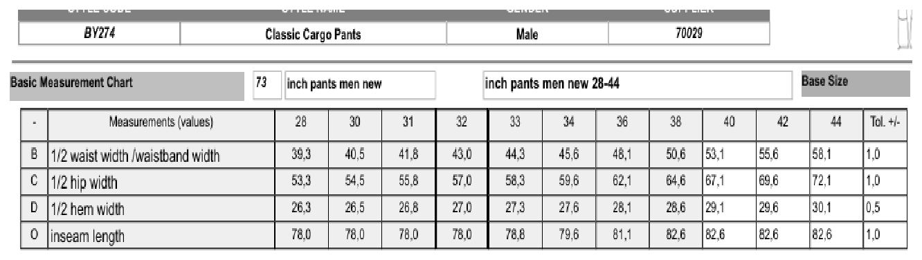 Maßblatt des Herstellers zu Classic Cargo Pants mit den Maßen je Größe