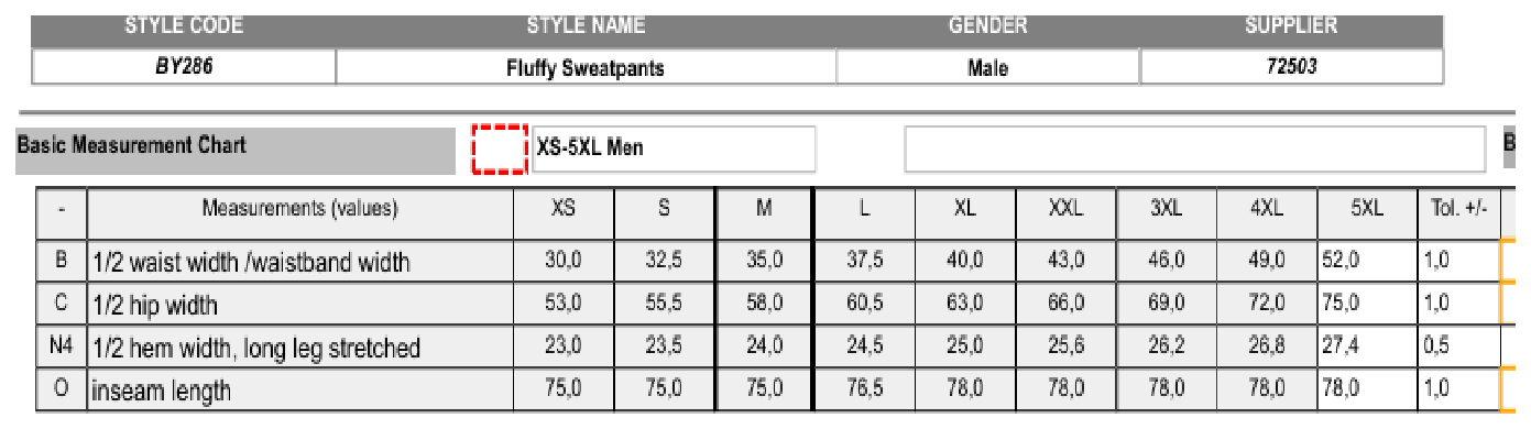 Maßblatt des Herstellers zu Fluffy Sweatpants mit den Maßen je Größe