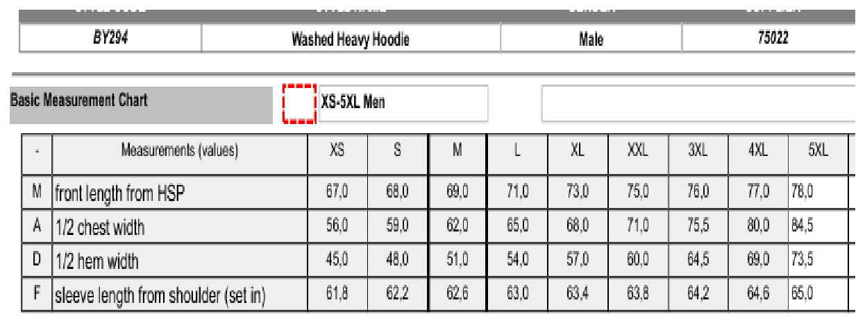 Maßblatt des Herstellers zu Vintage Heavy Hoodie mit den Maßen je Größe