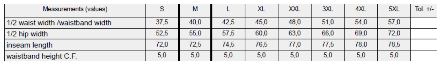 Maßblatt des Herstellers zu Tricot Track Pants mit den Maßen je Größe