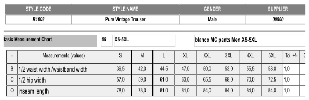 Maßblatt des Herstellers zu Pure Vintage Trousers mit den Maßen je Größe