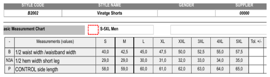 Maßblatt des Herstellers zu Vintage Shorts mit den Maßen je Größe