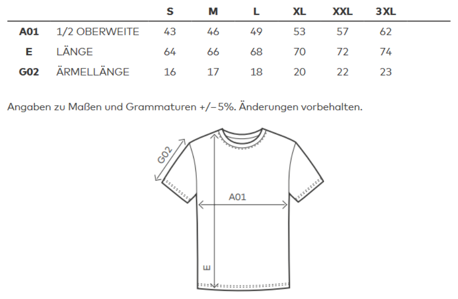 Maßblatt des Herstellers zu Women´s T-Shirt mit den Maßen je Größe