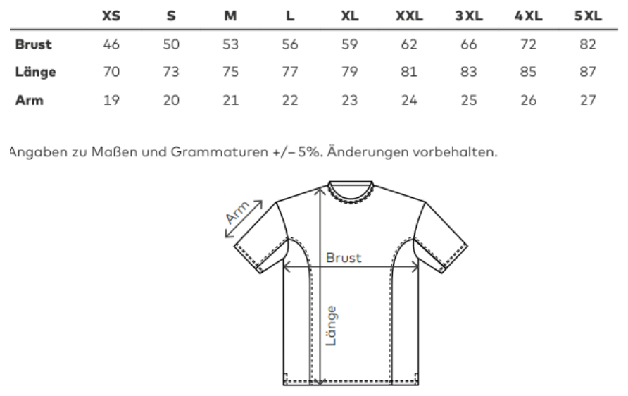 Maßblatt des Herstellers zu Unisex Contrast-T mit den Maßen je Größe