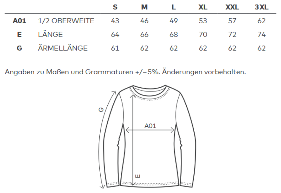 Maßblatt des Herstellers zu Women´s T-Shirt Long Sleeve mit den Maßen je Größe
