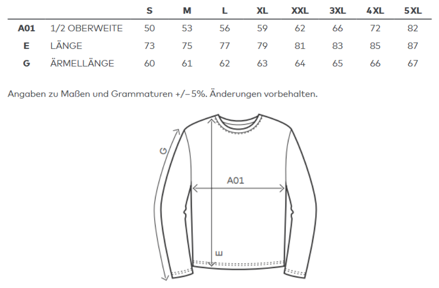 Maßblatt des Herstellers zu Men´s T-Shirt Long Sleeve mit den Maßen je Größe