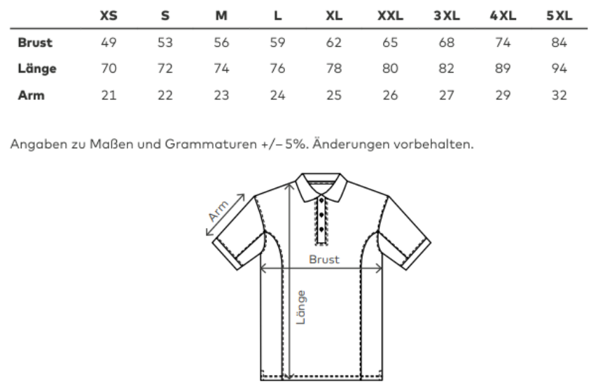 Maßblatt des Herstellers zu Unisex Contrast Polo mit den Maßen je Größe