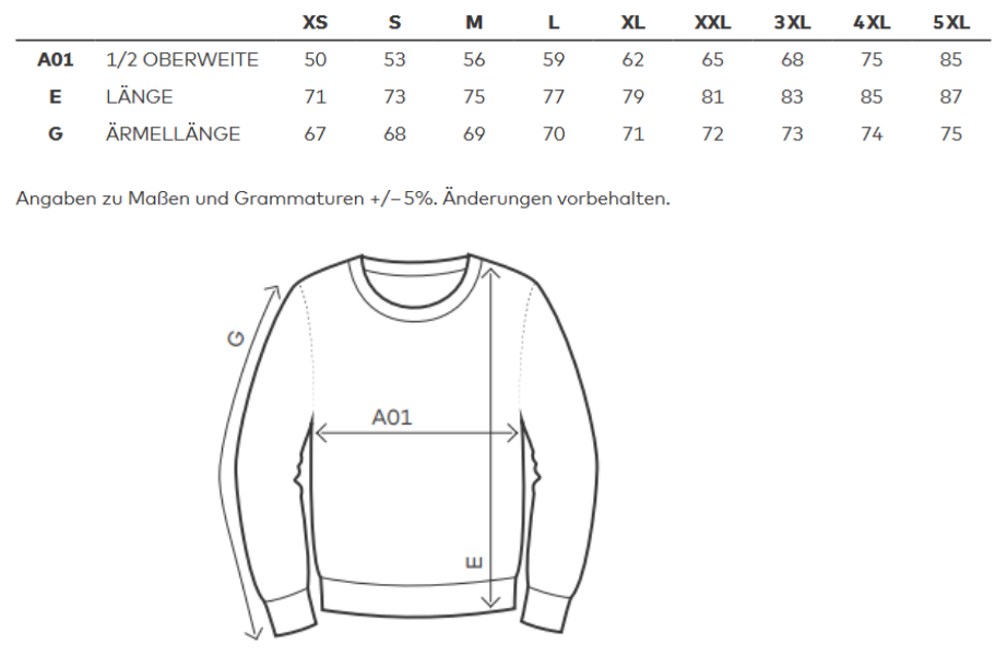 Maßblatt des Herstellers zu Unisex Sweater mit den Maßen je Größe