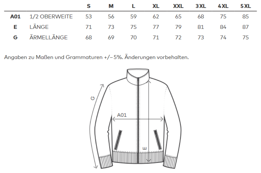 Maßblatt des Herstellers zu Men´s Sweatjacket mit den Maßen je Größe