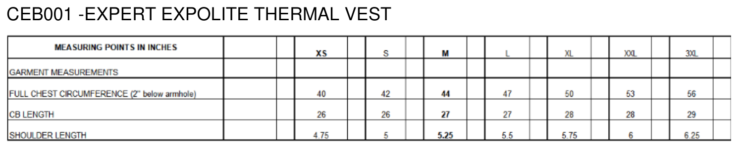 Maßblatt des Herstellers zu Expert Expolite Thermal Vest mit den Maßen je Größe