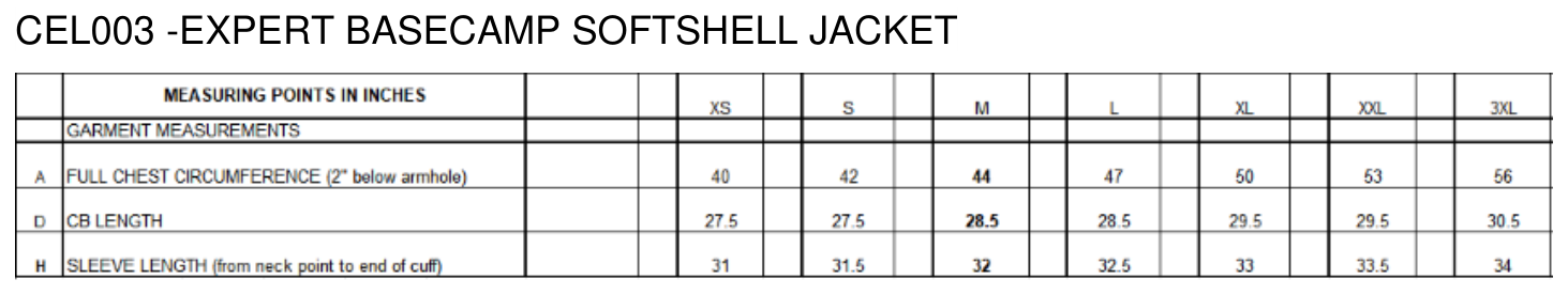 Maßblatt des Herstellers zu Expert Basecamp Softshell Jacket mit den Maßen je Größe